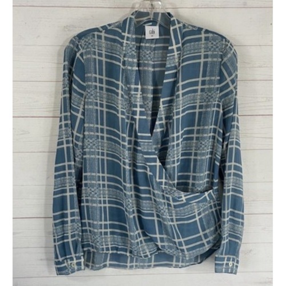 Cabi Teal/Cream Windowpane Plaid Faux Wrap Blouse Women M China 100% Polyester